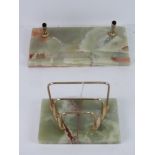 Green onyx desk set comprising standish with twin pen holders and letter rack.