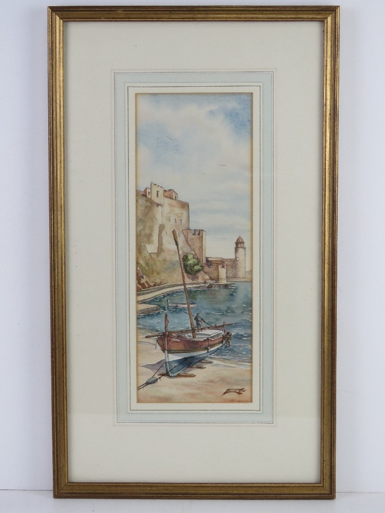 Watercolour Harbour scene, landed sailing boat before, fort and sky beyond.