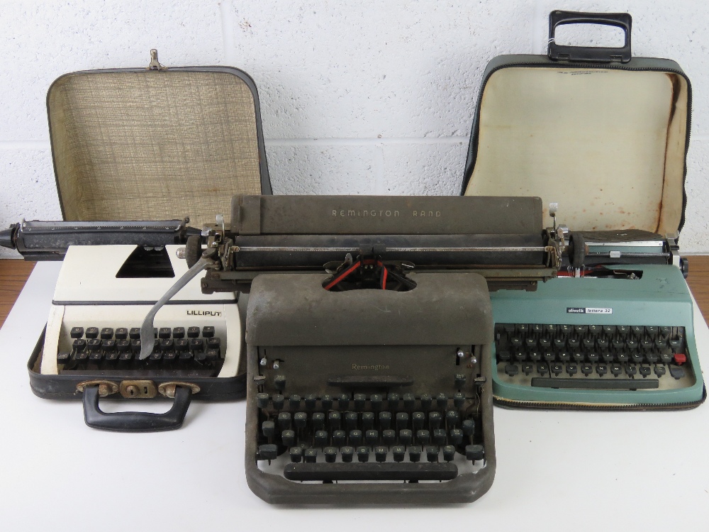 Three vintage typewriters inc Remington Rand, Olivetti and Lilliput.