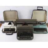 Three vintage typewriters inc Remington Rand, Olivetti and Lilliput.