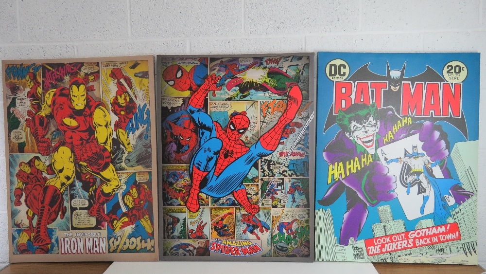 Three comic book themed canvas prints, DC Batman, Marvel Ironman and Amazing Spiderman,