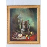 Oil on canvas pewter and glass still life by Anthony Payton 1987 in Bright's of Nettlebed gilt