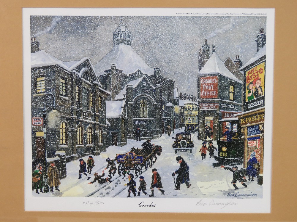 George Cunnigham; signed limited edition print 'Crookes' being a snowy Sheffield street scene, - Image 2 of 5