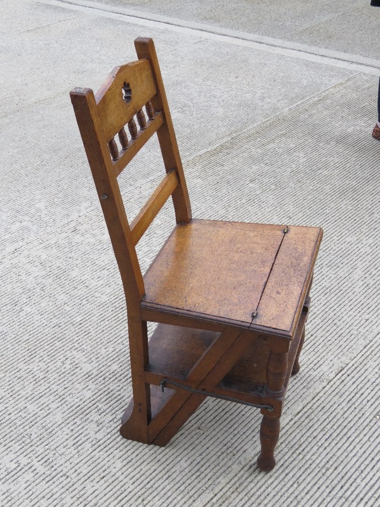 A single oak metamorphic set of library steps folding to form a chair. Height of seat is 44cm. - Image 3 of 3