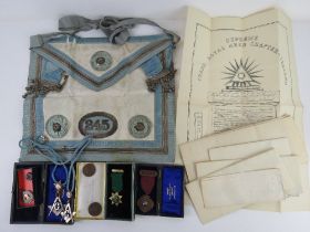 Masonic; Ruby Masonic Lodge Dublin medals and other Masonic items including paperwork and apron.