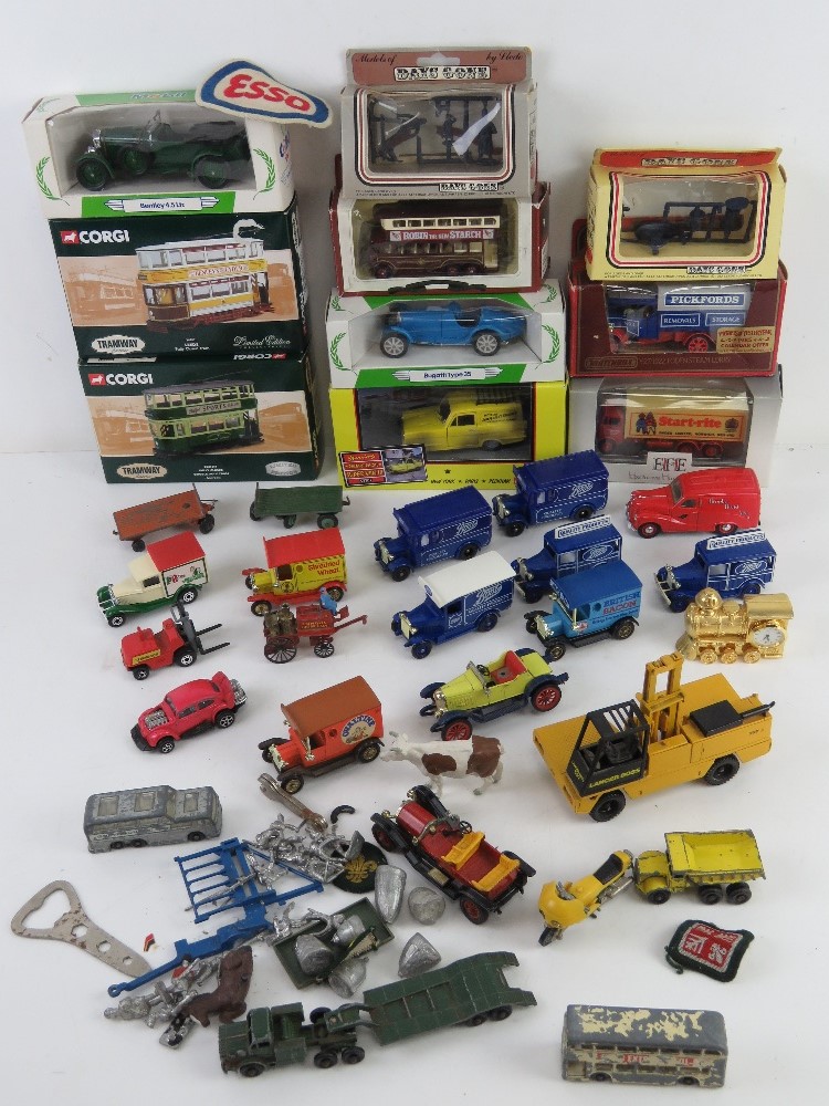 A collection of scale model vehicles inc Corgi Tramway Classics Leeds tram, Mobil, Bentley 4.