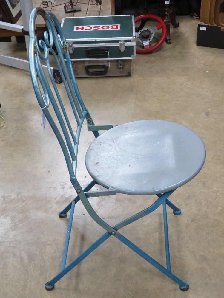 A pair of blue and grey painted metal bistro chairs. - Image 2 of 3