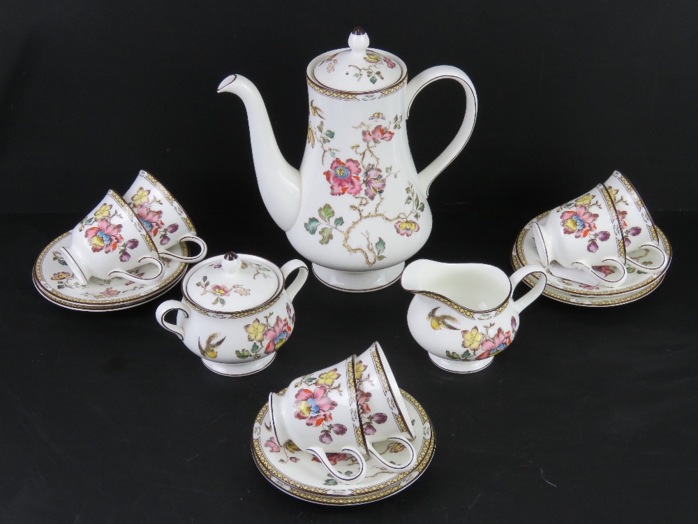 A Wedgwood Swallow pattern coffee pot, cream and sugar with six duos.