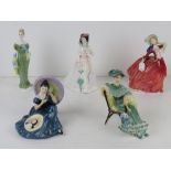 Five Royal Doulton ladies; Pensive Moments, Ascot, Autumn Breezes, Lorna,