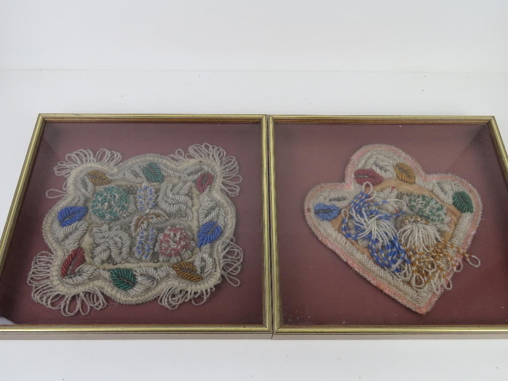 Two beadwork embroideries each loose in frame, each approx 27cm wide.