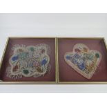 Two beadwork embroideries each loose in frame, each approx 27cm wide.