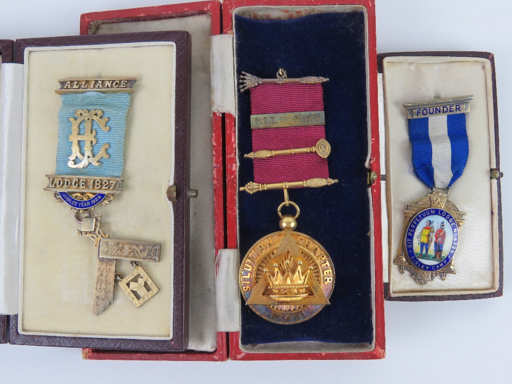 Three HM silver Masonic medals each in fitted case;