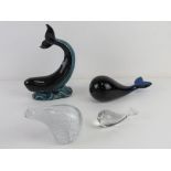 Two Wedgwood glass whale paperweights,