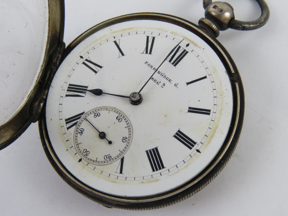 A HM silver key wind open face pocket watch marked Farringdon "G" REGd to the movement and to the - Image 6 of 11