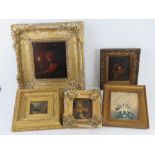Five various paintings and prints in gilded and gold painted frames, largest 41 x 38cm overall.