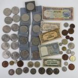 A quantity of 20th century coinage, bank notes and commemorative coins.