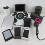 A quantity of electronics including two i-phones, Dyson hairdryer, tablets, etc. Untested.