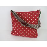 A fabric tote bag red polka dot pattern 'as new', approx 38 x 34cm.