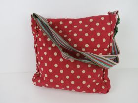 A fabric tote bag red polka dot pattern 'as new', approx 38 x 34cm.