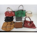 A quantity of assorted handbags inc red polka dot, green tote, vintage leather, fabric tote,