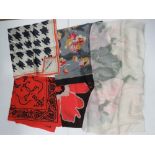 Two 100% silk scarves by Jaeger. Also a Radley scarf and two others. Five items.