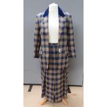 A 70% wool, 30% lambswool Barry Sherrard skirt suit in tartan type pattern with velvet collar,