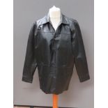 A black leather trench coat type jacket by Elements, size Extra Large,