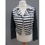 Karen Millen navy blue and white leather jacket size 10 approx measurements; 34" chest, 20.