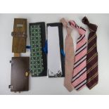 Two vintage wooden tie presses together with a quantity of ties inc 100% silk tie by Frangi,