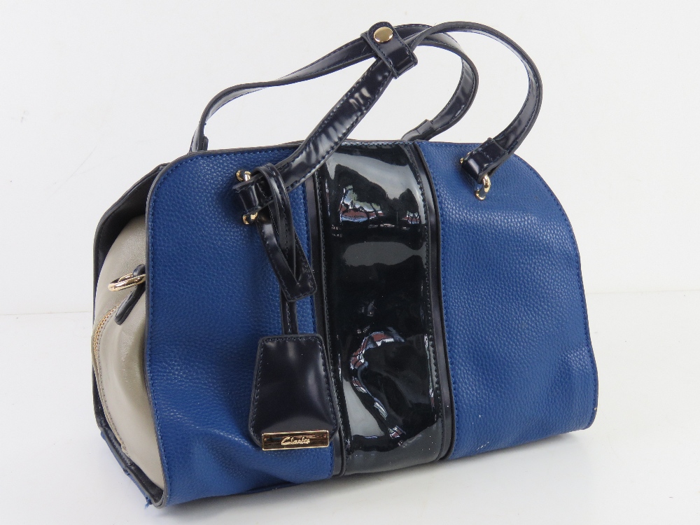 A blue and grey leather handbag by Clarks approx 31cm wide.