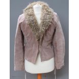 A suede type jacket having faux fur collar, labels partially removed,