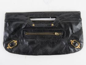 A black leather clutch bag approx 30cm wide.
