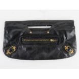 A black leather clutch bag approx 30cm wide.