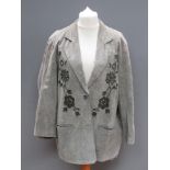 A green suede jacket having floral pattern upon by Beth Terrell, approx measurements; 48" chest,