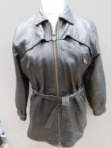 A ladies black leather jacket size 14 with belt, approx measurements; 40" chest, 31" length to back,