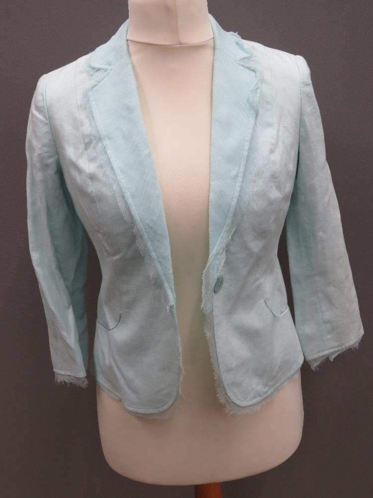 A 100% linen ladies jacket by Monsoon size 8 in aqua green, approx measurements; chest approx 34",