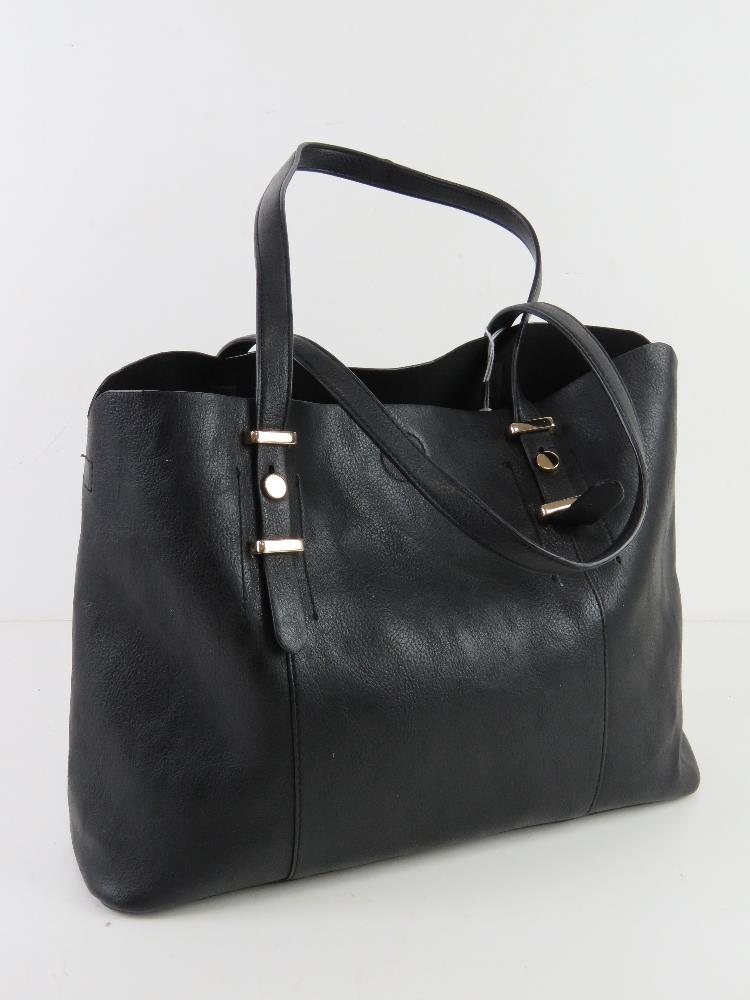 A black soft tote bag approx 34cm wide.