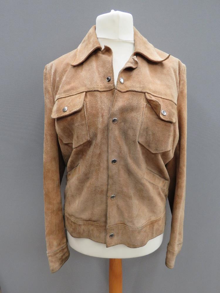 A men's suede leather jacket 'size 44' to fit chest 44" regular, approx measurements; 27.