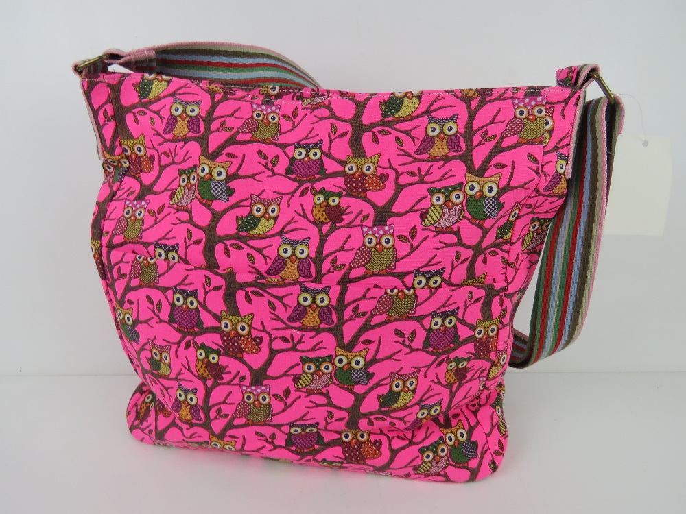 A fabric tote bag having owl pattern in neon pink 'as new', approx 38 x 34cm. - Image 2 of 2