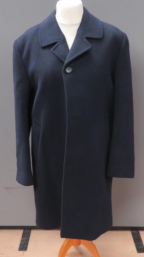 An 80% wool navy blue coat by British Country Classics, approx measurements; 44" chest, 40.