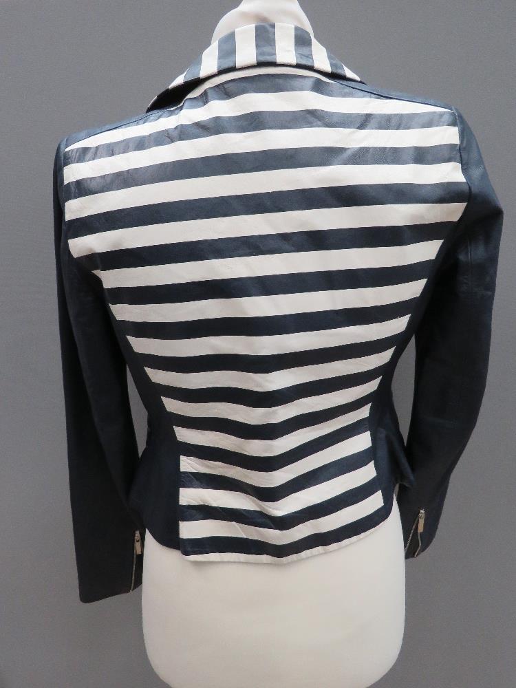 Karen Millen navy blue and white leather jacket size 10 approx measurements; 34" chest, 20. - Image 2 of 4