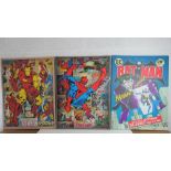 Three comic book themed canvas prints, DC Batman, Marvel Ironman and Amazing Spiderman,