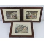 A set of three hunting themed prints 'engraved by E Bell' each framed and glazed and measuring