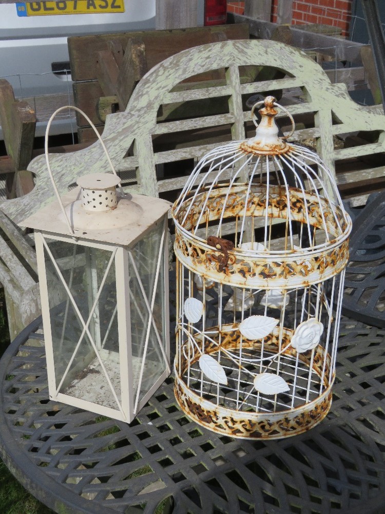 A white painted 'bird cage' and a large white painted lantern. - Image 2 of 2