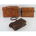 A tooled leather handbag made in Mexico by J L Vale, tan colour with floral design measuring