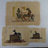 Three hand painted Egyptian pictures on papyrus largest 44 x 30cm.