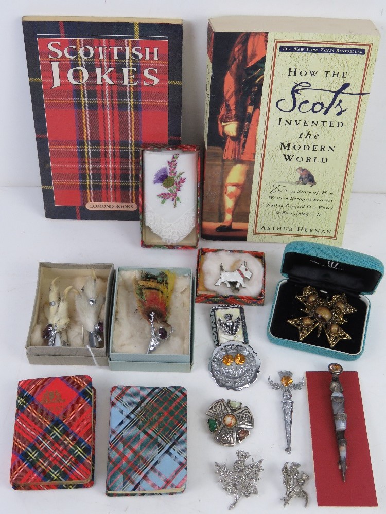 A selection of Scottish jewellery and ephemera to include; white metal and hard stone Scottish Skean