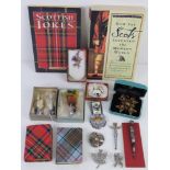 A selection of Scottish jewellery and ephemera to include; white metal and hard stone Scottish Skean