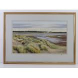 Pastel, beach head with dunes, Maram grass and pine forest beyond, titled 'Golden Dunes at