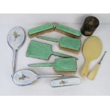 An Art Deco engine turned guilloche enamel dressing table set inc hand mirror,